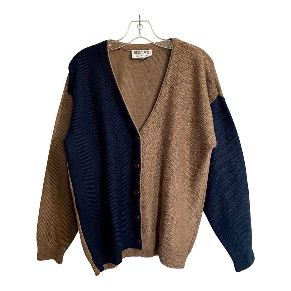 Ancora By Ciao Cardigan Sweater Women Size Large Blue Tan Vintage 80s Preppy